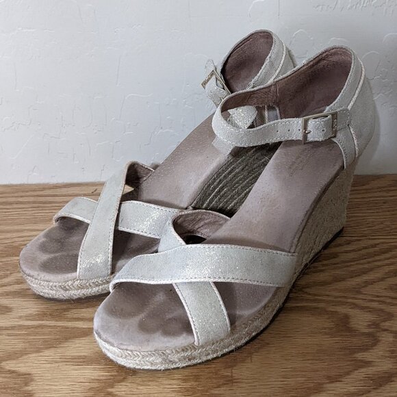 Toms  Neutral Suede Metallic Criss Cross Wedge Sandals - Picture 1 of 7